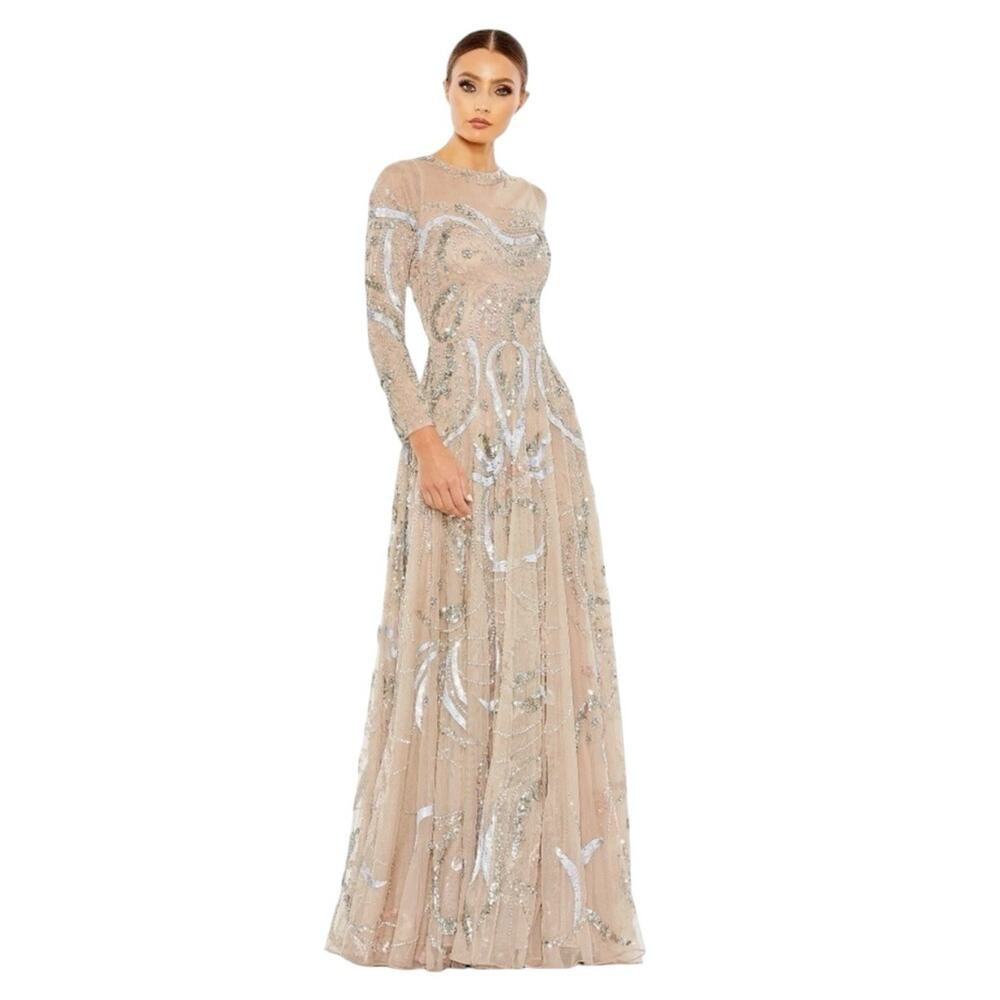 Mac Duggal 5217 Nude Beaded Illusion Long Sleeve Gown Size 12 $698